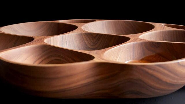 Elegant wooden serving platter with multiple compartments against a dark background