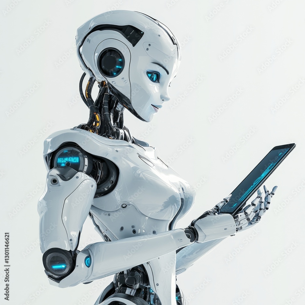 Poster future interface: elegant white robot with tablet display, connecting humanity and technology in min