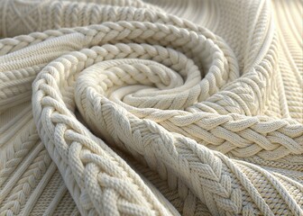 Close-up of a textured cream-colored cable knit fabric.