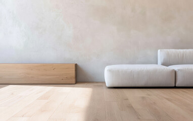Modern living room design featuring a minimalist sofa and wooden furniture in soft lighting