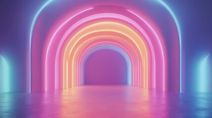 Neon archway tunnel; vibrant colors; futuristic space; ideal for advertising or product display