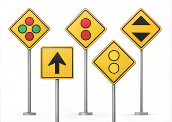 Collection of Realistic Yellow Traffic Signs with Different Symbols