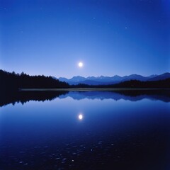 A crystal clear lake perfectly reflecting the moon and stars in a flawless mirror effect ar 16:9 v 6.1 q 2