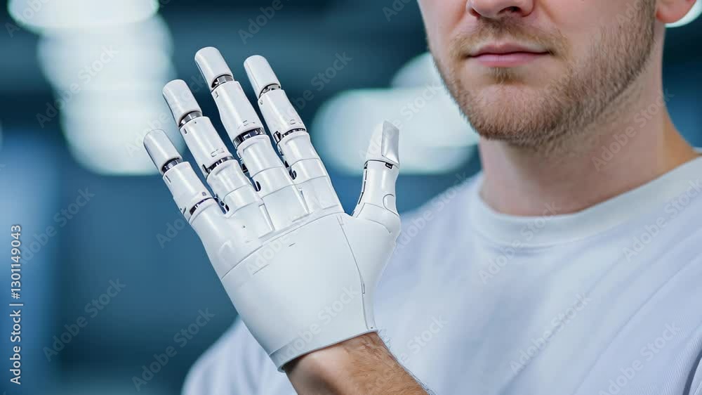 Poster engineer examining advanced prosthetic hand in modern laboratory setting with focus on innovative as