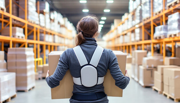 Warehouse worker wearing posture support carrying cardboard box