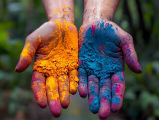 Vibrant Hands Covered in Colorful Holi Powders Creating a Striking Festive Composition