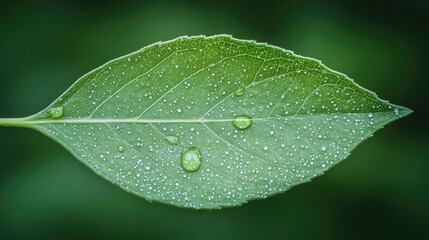Fototapeta premium close-up of fresh green leaf covered in tiny water droplets set against softly blurred natural background