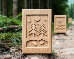 Forest trail with ecomessages carved into wooden signs, Environmental Activism, Encouraging mindful exploration of nature