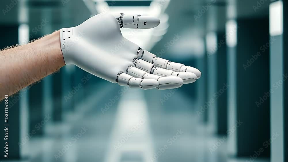 Poster engineer with prosthetic hand reaching out in a futuristic corridor setting illustrating modern assi