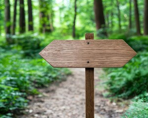 Forest trail with ecomessages carved into wooden signs, Environmental Activism, Encouraging mindful exploration of nature