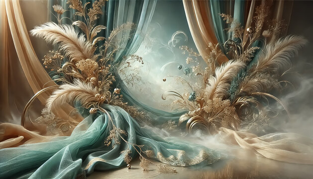 Background of fabrics and feathers in green, cream and brown