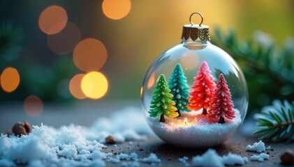 Glass ornament with a delicate, colorful miniature forest, tiny, ornaments, tiny trees
