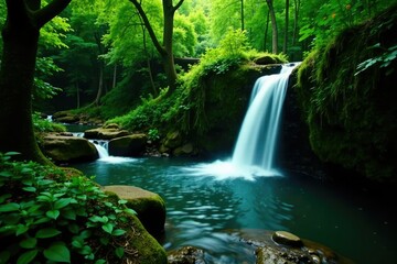 Lush greenery surrounds serene waterfall cascading into crystal clear stream, forest, nature