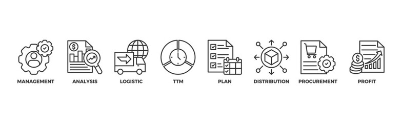 SCM banner web icon vector illustration concept for Supply Chain Management with icon of management, analysis, logistic, ttm, plan, distribution, procurement, and profit