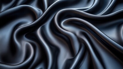 Obraz premium A black colored background of soft draped fabric showcases beautiful satin silk textured cloth suitable for making clothes and curtains, highlighting the textile's background texture.