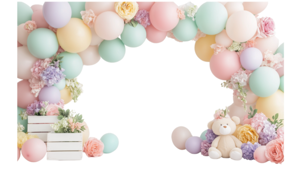 pastel balloon and floral arch backdrop