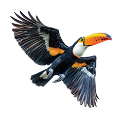 Fototapeta premium Colorful toucan in flight showcasing vibrant plumage and large beak above a lush rainforest canopy, cut out