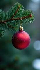 Red ornament on fir branch with needle-like pine needles, winter, tree, forest