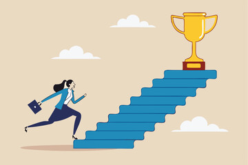 Woman success, step to achieve career success, motivation to grow career path, growth, climb up stair to reach goal, ambition concept, business woman run fast climb up stair to reach winning trophy.