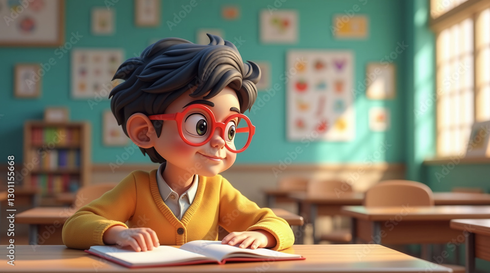 Aufkleber a cartoon boy is sitting at a desk with a book in front of him. he is wearing glasses and a yellow s