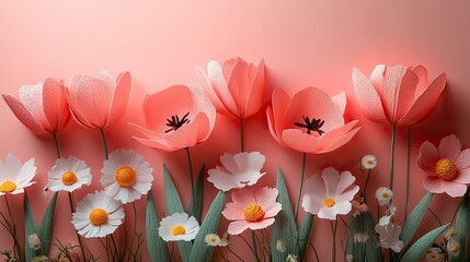 A blush background sets the stage for a handcrafted Mother's Day card adorned with paper tulips, chamomiles, and a child's heartfelt message.