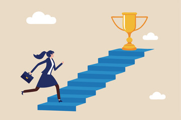 Woman success, step to achieve career success, motivation to grow career path, growth, climb up stair to reach goal, ambition concept, business woman run fast climb up stair to reach winning trophy.