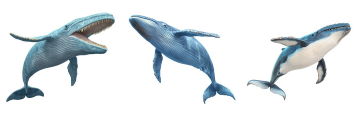 Whales breaching on a transparent background ocean models marine life side view