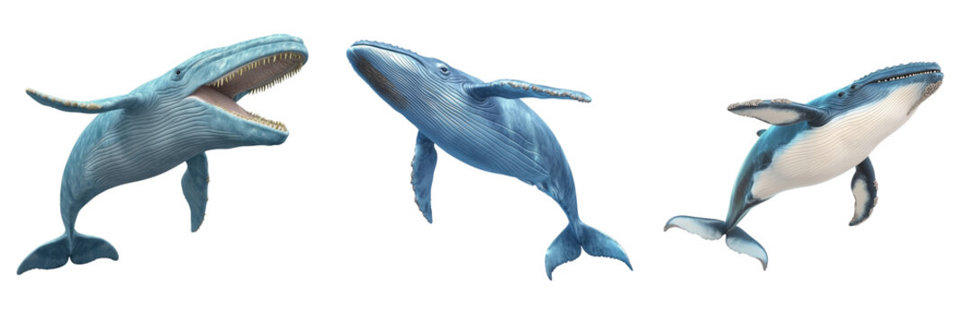Whales breaching on a transparent background ocean models marine life side view