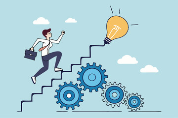 Best practices development, strategy to success or improvement, planning, progress or implementation process, efficiency or productivity concept, businessman running up stair on cogwheel gears system.