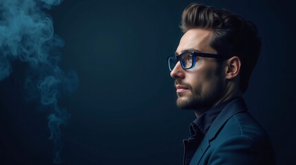 Obraz premium A man in a suit and blue glasses is standing in front of a blue background with smoke in the air