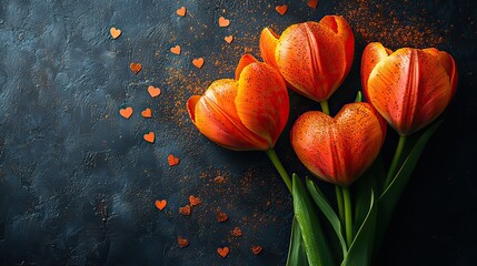 A cappuccino, tulips, and delicate hearts converge in this elegant Mother's Day arrangement, perfect for a heartfelt message.