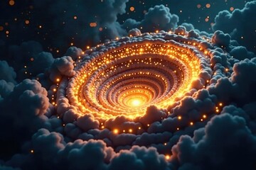 Swirling vortex of golden lights envelops dark surroundings, ethereal, nighttime, cosmic