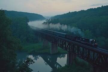 Fototapeta premium Atmospheric Drone Shot of a Train Crossing a Suspension Bridge in Foggy Conditions with Moody Lighting and Dramatic Scenery