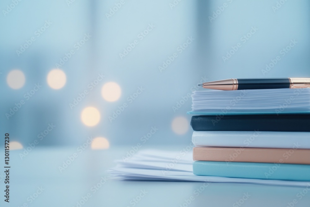Poster close-up of stack of colorful textbooks and research papers neatly arranged on study desk elegant pe
