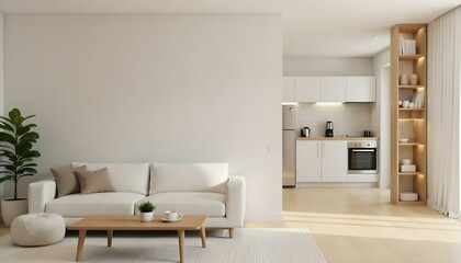 Fototapeta premium Interior of a modern apartment with a white sofa, a wooden table with a plant and a cup, and a kitchen with white cabinets