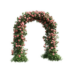 Beautiful floral arch covered in lush green leaves and vibrant pink roses ideal for outdoor celebrations or romantic settings