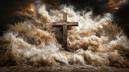 Fototapeta premium A wooden cross in the middle of a stormy sea.