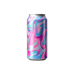 Fototapeta premium This beverage can features an eye-catching design with swirling pink and blue patterns on a metallic surface, ideal for grabbing attention