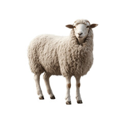 A fluffy white sheep stands gracefully with a soft wool coat, looking friendly and calm in a serene setting with a transparent background