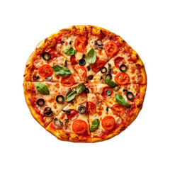 Mouth-watering Margherita pizza features vibrant toppings of tomatoes, black olives, mushrooms, and fresh basil leaves, served hot