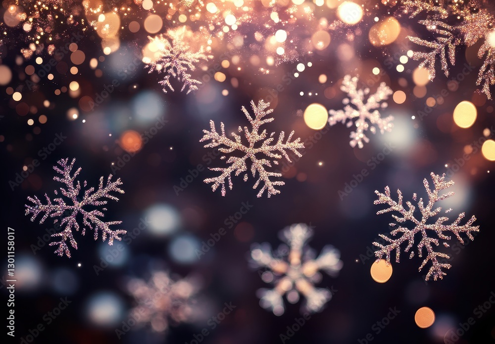 Poster beautiful sparkling snowflakes on a blurred background with soft bokeh lights creating a magical win