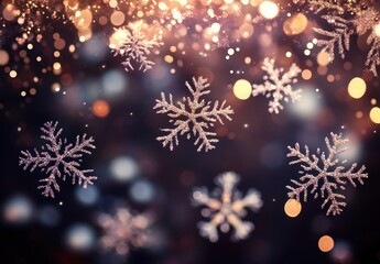 Fototapeta premium Beautiful sparkling snowflakes on a blurred background with soft bokeh lights creating a magical winter and holiday atmosphere for festive designs