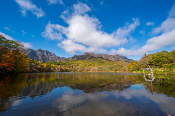 Autumnal leaves at Kagami-ike pond  reflect on the surface of the water of the Togakushi Mountain...