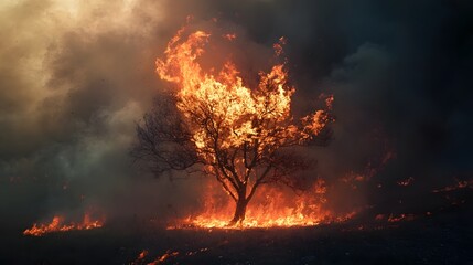 Lone Tree Engulfed In Intense Flames With Thick Smoke Rising In A Dramatic Cinematic Landscape Scene Of A Raging Wildfire Disaster