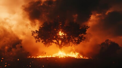 Fototapeta premium Lone Solitary Tree Engulfed in Dramatic Cinematic Flames with Billowing Smoke Rising Against a Moody Atmospheric Background