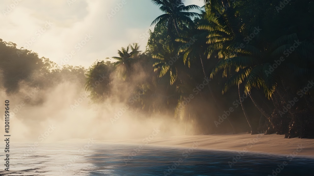 Poster fog softly illuminates a beach forest creating a mystical and cinematic atmosphere with serene and t