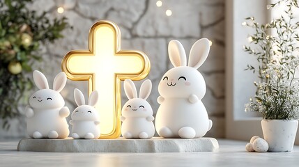 Futuristic Easter scene featuring Golden glowing Easter cross and Cute kawaii-style Easter bunnies, soft lighting, delicate details, elegant design, perfect for seasonal graphics.