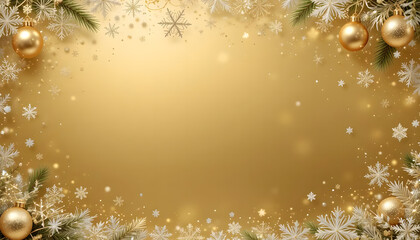 A Shimmering Golden Christmas Celebration Framed By Sparkling Ornaments, Delicate Snowflakes, And Frosted Pine, Creating A Warm And Festive Mood