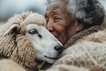 Fototapeta premium An elderly woman sharing a tender moment with her beloved sheep in a serene landscape.