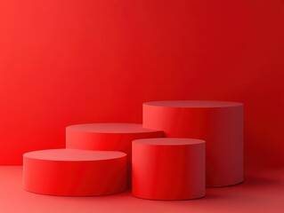 Abstract red podium arrangement for showcase studio setting realistic photo minimalist environment eye-level viewpoint